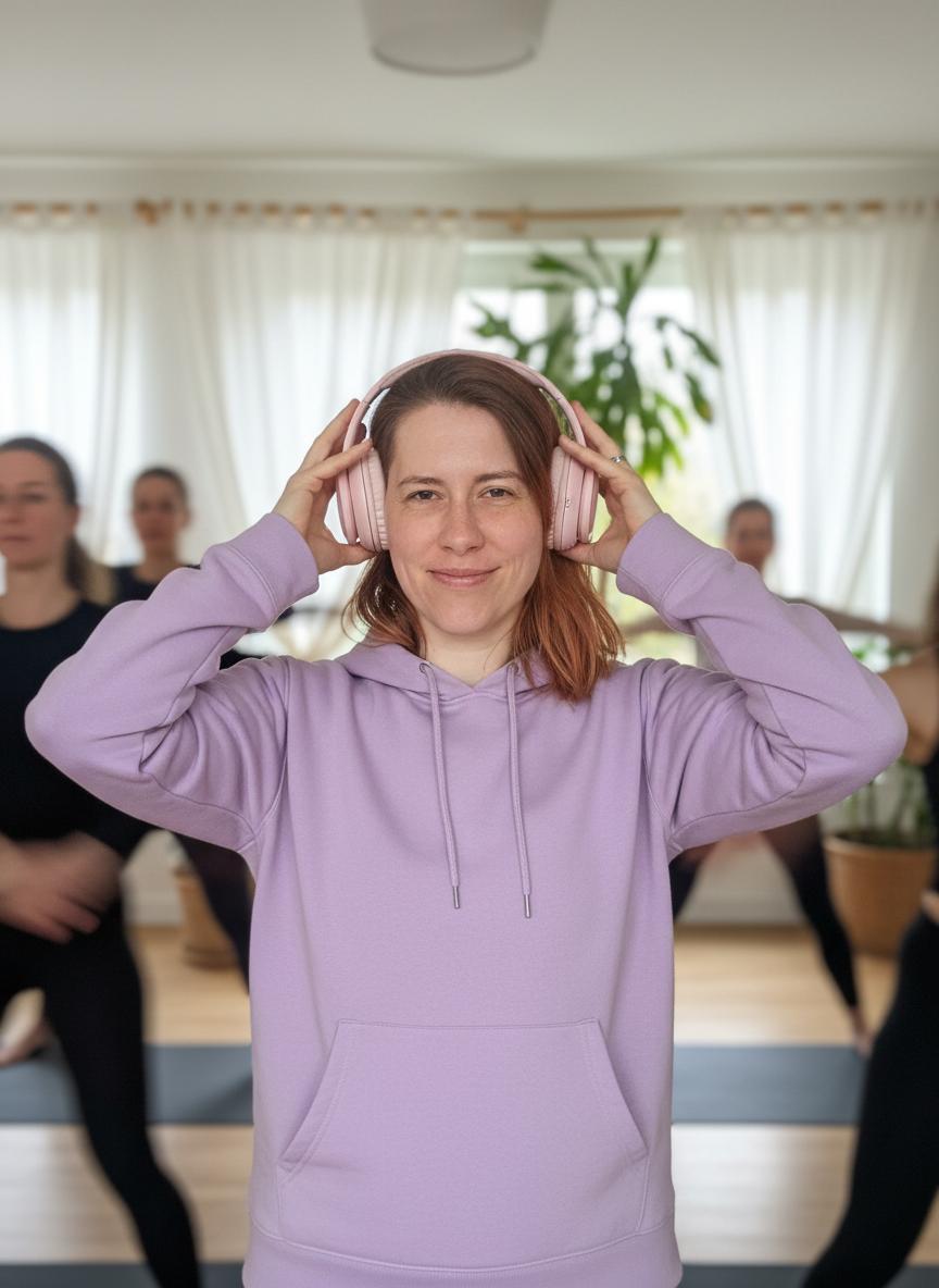 Frau in blauem Kleid in ihrem Wohnzimmer mit einer Hand gehoben.